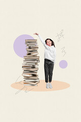 Sticker - Creative poster collage of funny little girl teenager rise hand measure height pile stack books reading prepare exams nerd geek