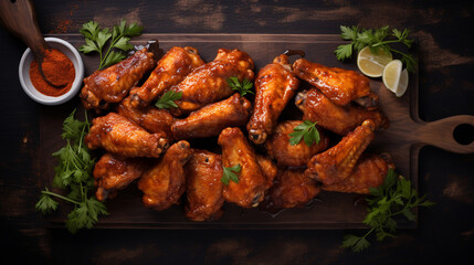 Wall Mural - Grilled sticky chicken wings on dark background. Buffalo chicken wings with sauce. Top view