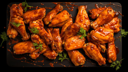 Wall Mural - Grilled sticky chicken wings on dark background. Buffalo chicken wings with sauce. Top view