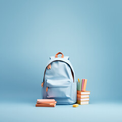 pastel blue school creative concept, backpack for books and school supplies. pack your books, the sc