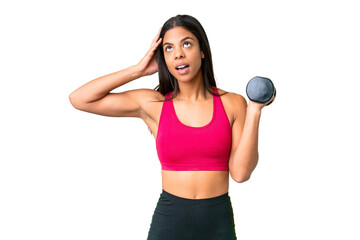 Wall Mural - Young African American woman sport woman making weightlifting over isolated chroma key background with surprise expression