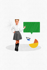 Poster - 3d retro abstract creative artwork template collage of funny cute adorable clever smart schoolgirl finger point message social media