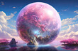 paisaje de un planeta irreal en tonos rosas con una esfera gigante. .ilustracion de ia generativa