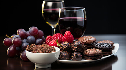 Wall Mural - glass with delicious wine and sweets on table in room