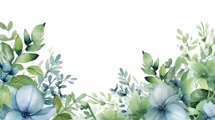 Wall Mural - Watercolor painted greenery frame template. Bouquet with green, blue branches and leaves. Seamless 