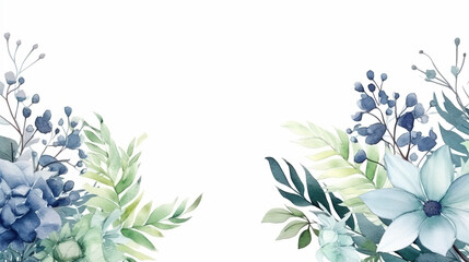 Wall Mural - Watercolor painted greenery frame template. Bouquet with green, blue branches and leaves. Seamless 