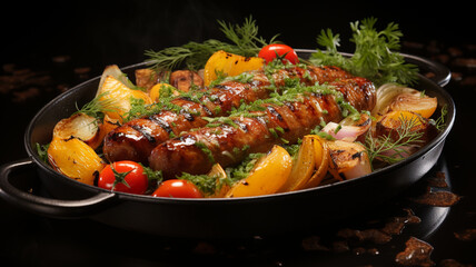 Wall Mural - grilled meat with vegetables and herbs in pan on table