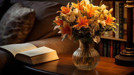 Wall Mural - still life with a bouquet of yellow lilies in a vase on a wooden table