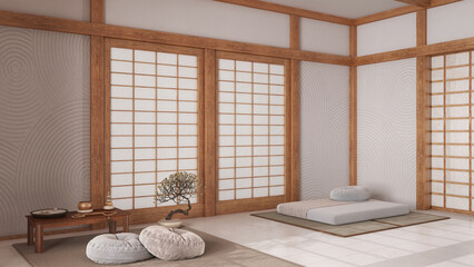 Wall Mural - Minimal meditation room in white and beige tones with pillows, tatami mats and paper doors. Carpet, table with Mala and decors. Japanese interior design