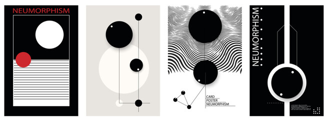 Neumorphism posters set.  Decorative neumorphism backdrop. Black and white monochrome design poster or card. Vector illustration