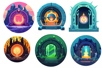 Magical portal for game. Icon for RPG fantasy illustrations. Colorful Magical world. Set of Flat colorful cartoon isolaed on white created with Generative AI Technology