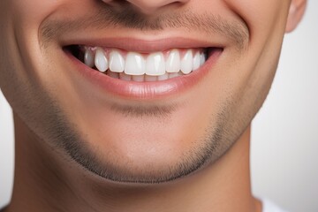 a close up photo of the lower part of a male face. handsome cute smile with very clean perfect teeth. chin, nose and mouth visible. dental service advertisement