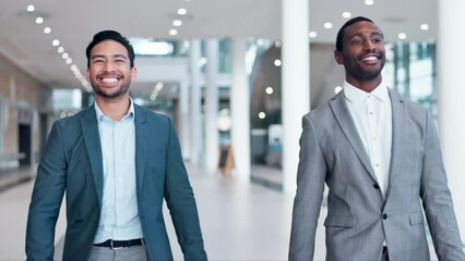 Wall Mural - Office, walking or happy business people fist bump in celebration of a deal success, target or goal. Employees, handshake or excited men on break after teamwork, partnership or bonus achievement