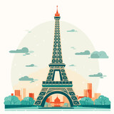 Fototapeta Paryż - Eiffel Tower on the background of the city. Design, illustration for t-shirt or poster print. Vector
