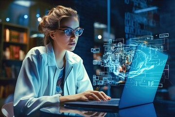 woman at laptop, with cyber security hologram.