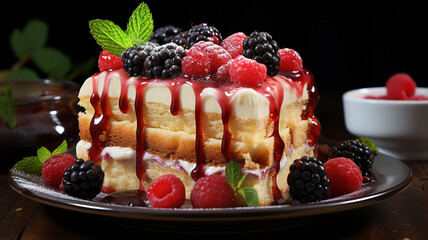 Wall Mural - tasty cake with berries on wooden table