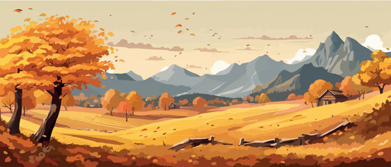 Wall Mural - Countryside panorama in autumn, vector horizontal banner of autumn landscape mountains and maple trees fallen with yellow foliage. simple vector