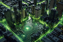Smart Green City On Circuit Board Background. Futuristic Cyberspace Concept. Generated AI
