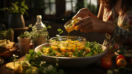 Wall Mural - woman with fresh vegetable salad at home, healthy diet, detox, diet, dieting concept