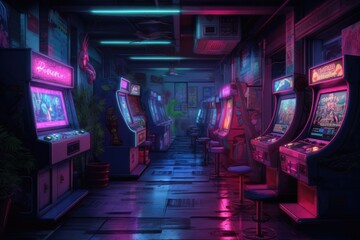 Wall Mural - A deserted arcade, neon lights flickering and casting an eerie glow on the abandoned machines. Generative AI