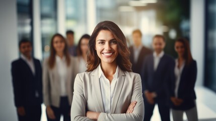 leader businesswoman in suit in with blured team people in office, successful teamwork and confident manager, Generative AI