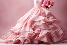 Luxurious Pink Wedding Dress And A Bouquet Of Roses. Wedding Boutique. Generative AI