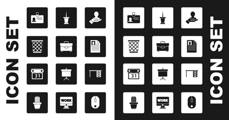 Poster - Set Hand for search a people, Briefcase, Trash can, Identification badge, Resume, Push pin, Office desk and Calendar icon. Vector