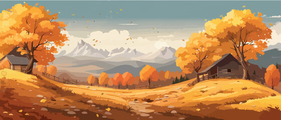 Wall Mural - Countryside panorama in autumn, vector horizontal banner of autumn landscape mountains and maple trees fallen with yellow foliage. simple vector