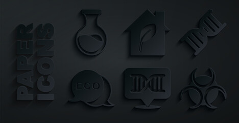 Poster - Set DNA symbol, Label for eco healthy food, Biohazard, Eco friendly house and Test tube and flask icon. Vector