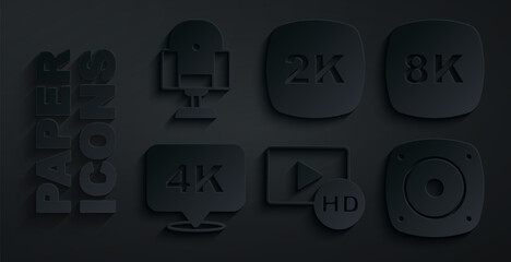 Sticker - Set Hd movie, tape, frame, 8k Ultra HD, 4k, Stereo speaker, 2k and Director chair icon. Vector