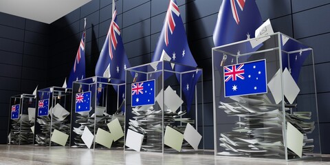 Canvas Print - Australia - several ballot boxes and flags - voting, election concept - 3D illustration
