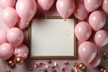Topdown View Pastel Pink Table, Balloonframed Frame, Confetti Perfect Birthday Flat Lay Generative AI