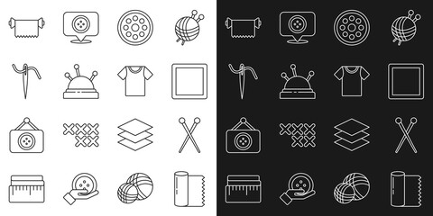 Wall Mural - Set line Textile fabric roll, Knitting needles, Sewing Pattern, button, Needle bed and, for sewing with thread, and T-shirt icon. Vector