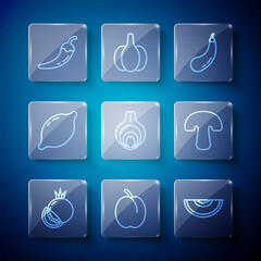 Wall Mural - Set line Tomato, Plum fruit, Melon, Eggplant, Onion, Lemon, Hot chili pepper pod and Mushroom icon. Vector