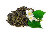 Dried Tea Leaves And Fresh Jasmine Flowers With Green Leaf Isolated On Transparent Background