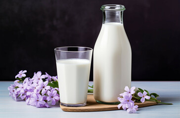 Bottle and glass of milk with lilac flowers on wooden table.Healthy vegan milk concept.
Plant based milk concept.
Lactose free,organic healthy milk concept.