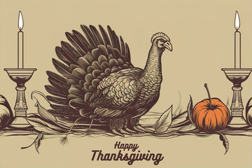 Wall Mural - Happy Thanksgiving Greeting old style with candles pumpkins and a turkey