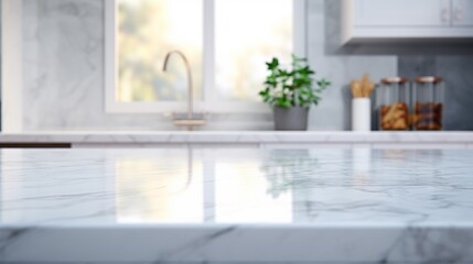 Marble stone table top (kitchen island) on blur kitchen interior background