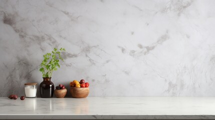 vase and plants isolated on white marble table and white marble backgrounds with copy space, apartme