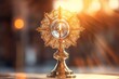 The golden monstrance with a little transparent crystal center, consecrated host. church defocused background. 