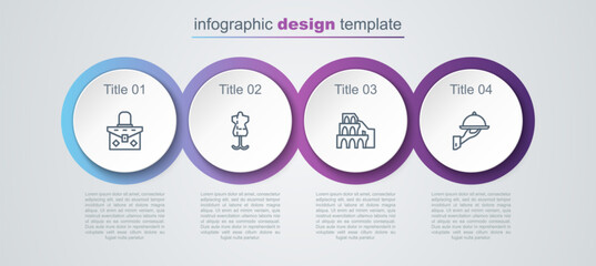 Sticker - Set line Handbag, Mannequin, Coliseum Rome and Covered with tray of food. Business infographic template. Vector