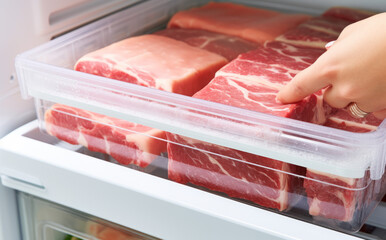 Woman putting raw meat in refrigerator, closeupю Refrigerator with fresh meat products. Generative AI