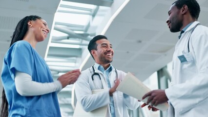 Wall Mural - Doctor, high five and people applause in teamwork, meeting or partnership together at hospital. Group of medical or healthcare professional clapping in celebration, team success or winning at clinic