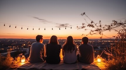 Wall Mural - Rear view of young friends sitting together on rooftop at sunset. Generative AI