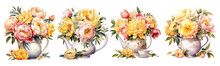 Watercolor Yellow Pink And White Peonies In Teapot Collection Hand Drawn, Peonies Elegant Watercolor Illustration , Peonies Isolated Transparent Background, PNG