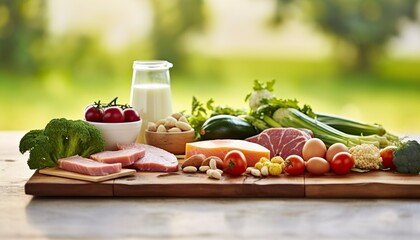 Closeup of vegetables, fruits, and meat on wooden table over green natural background. 