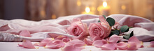 Romantic Setting With Pink Rose Petals Hot Candles On Bed In Hotel Room. Generative Ai. 