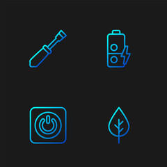 Sticker - Set line Leaf Eco symbol, Power button, Screwdriver and Battery charge. Gradient color icons. Vector