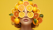girl with oranges.Radiant Beauty: Girl Embracing Citrus Elegance.  Health concept. AI