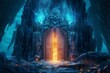 Fantasy night landscape with magical power, ancient stones with magical power and light, runes. Passage to another world, magic door, light, neon. 